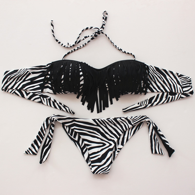 Women Sexy Zebra Tassel Swimsuit Bikini - Black