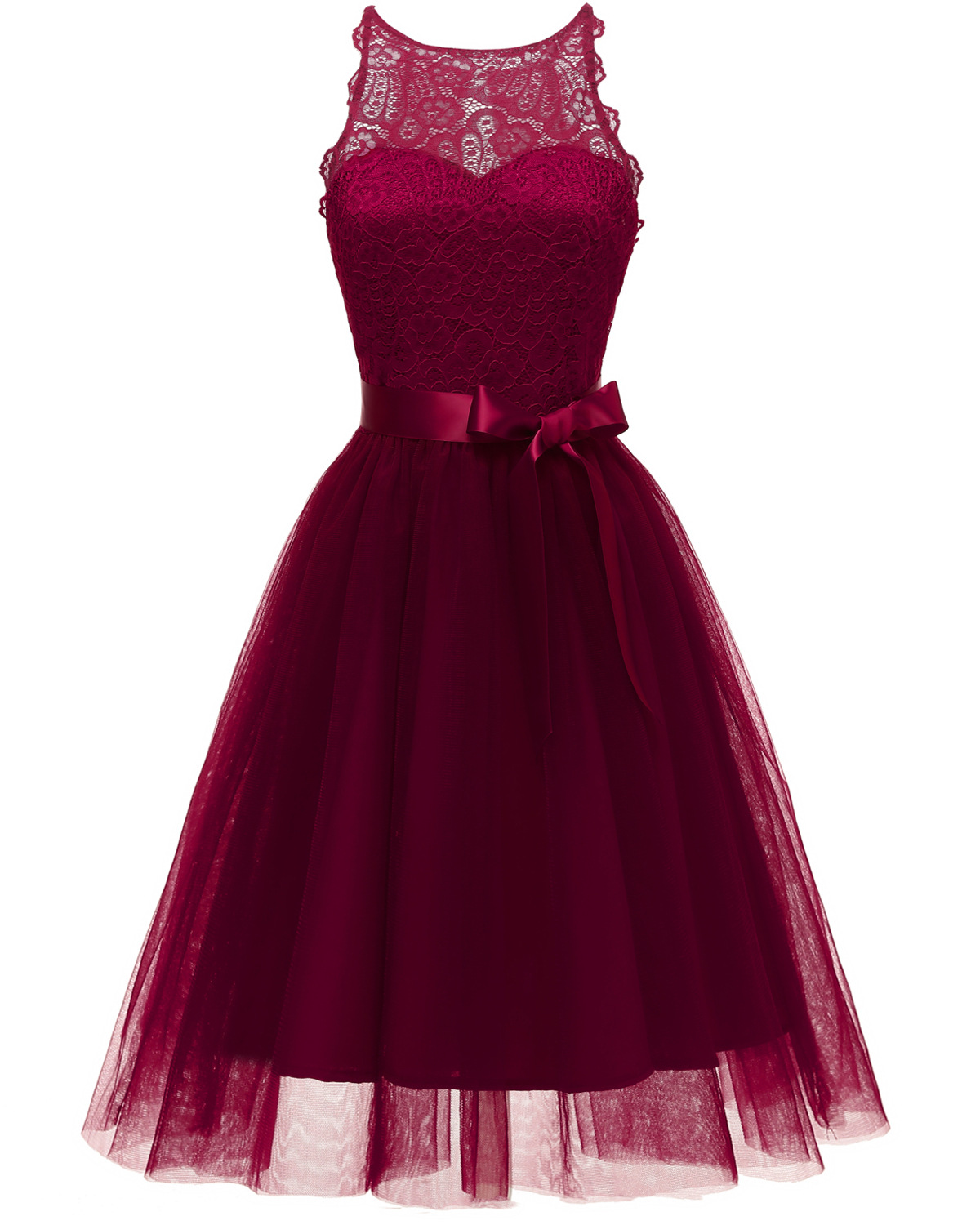 Princess Style A Line Halter Neck Sleeveless Hollow Lace Floral Bridesmaid Wedding Dress - Wine Red