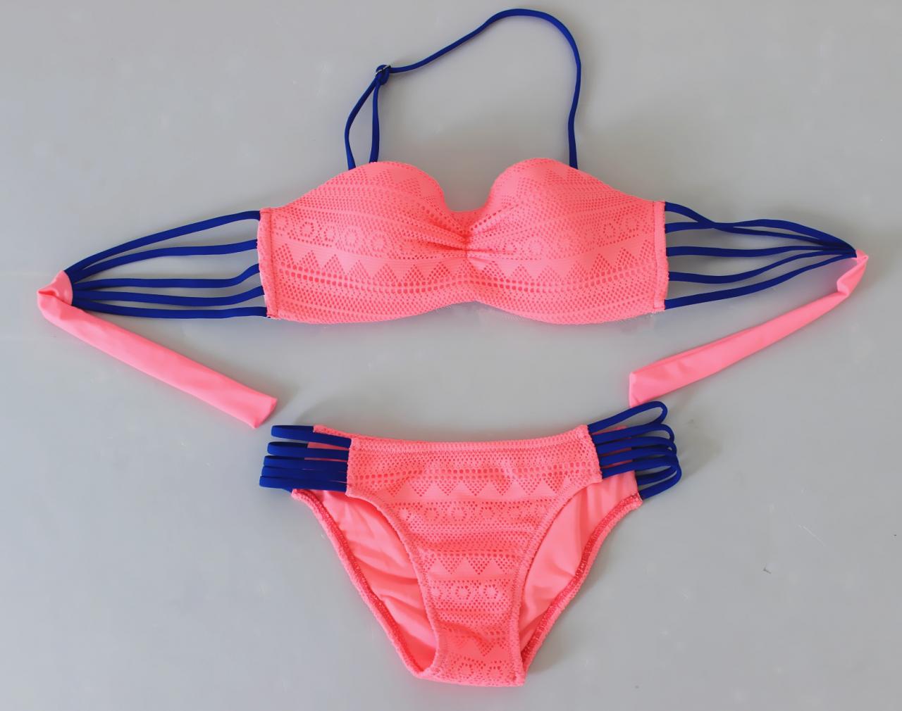 Women Sexy Lace Multi Rope Swimsuit Swimwear Bikini - Pink