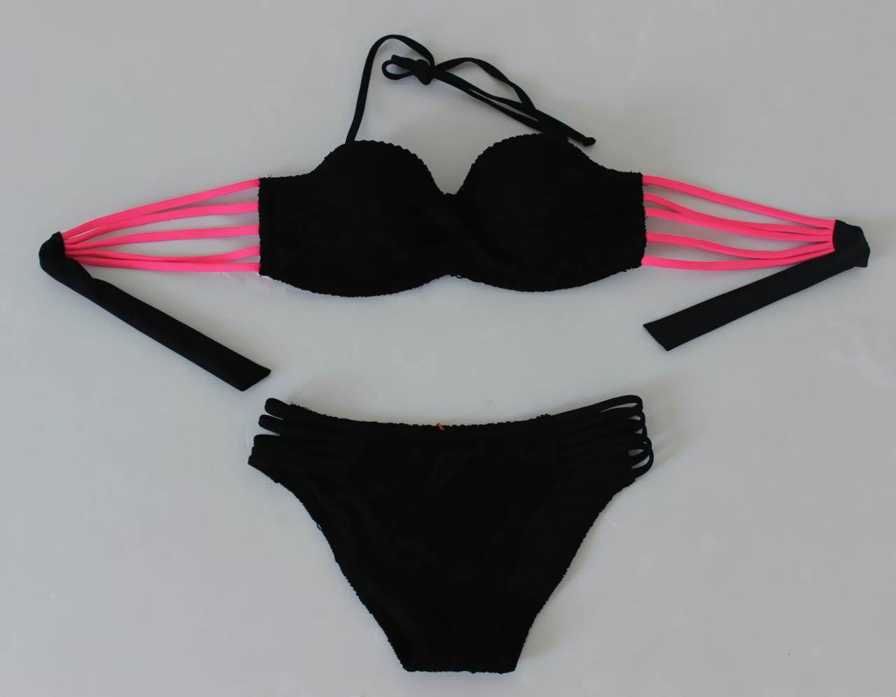 Women Sexy Lace Multi Rope Swimsuit Swimwear Bikini - Black