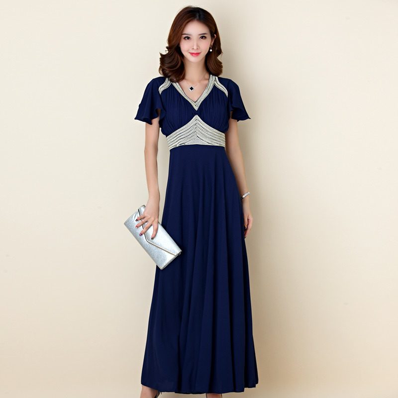 Elegant Hand Embroidered Beads Slim Evening Dress Chiffon Dress - Dark Blue