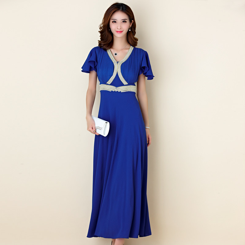 Beaded Pleated Short Sleeved Elegant Evening Dress - Blue