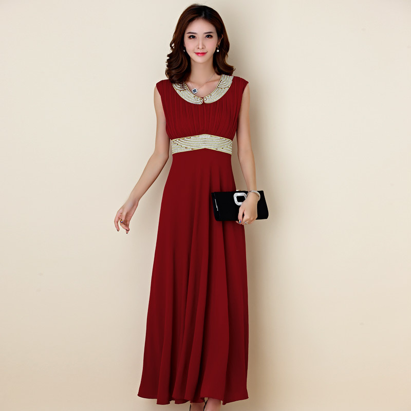 Fahion Beaded Pleated Sleeveless Elegant Evening Dress - Wine Red