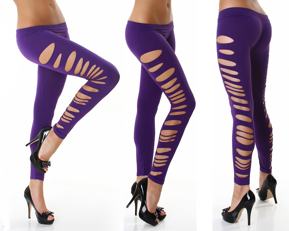 Fashion Hole Solid Color Tight Leggings Pants - Purple