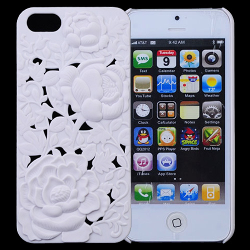 Fashion Retro Hard Plastic Back Case Cover with Carved Flower for iPhone 5/5S-White