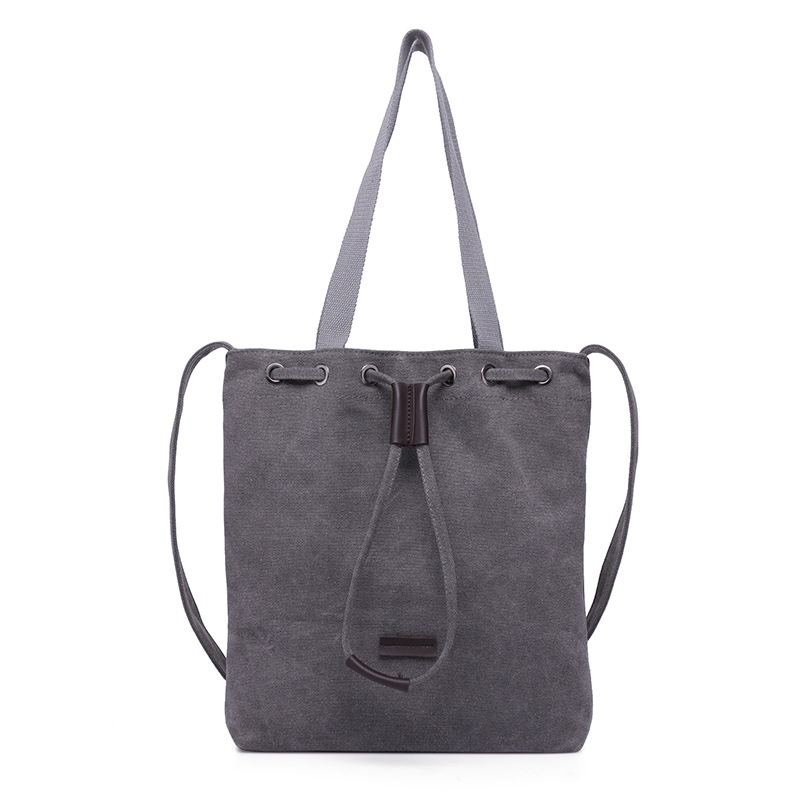 Grey Canvas Drawstring Tote Bag with Shoulder Straps