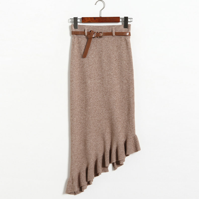Autumn winter Skirts Womens Knitted Slim Package Hips Skirt With Belt - Khaki