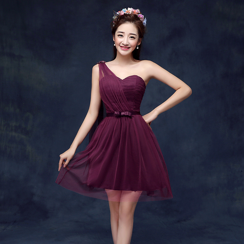 Sweetheart One Shoulder Wine Red Color Wedding Bridesmaid Party Short Dress For Women