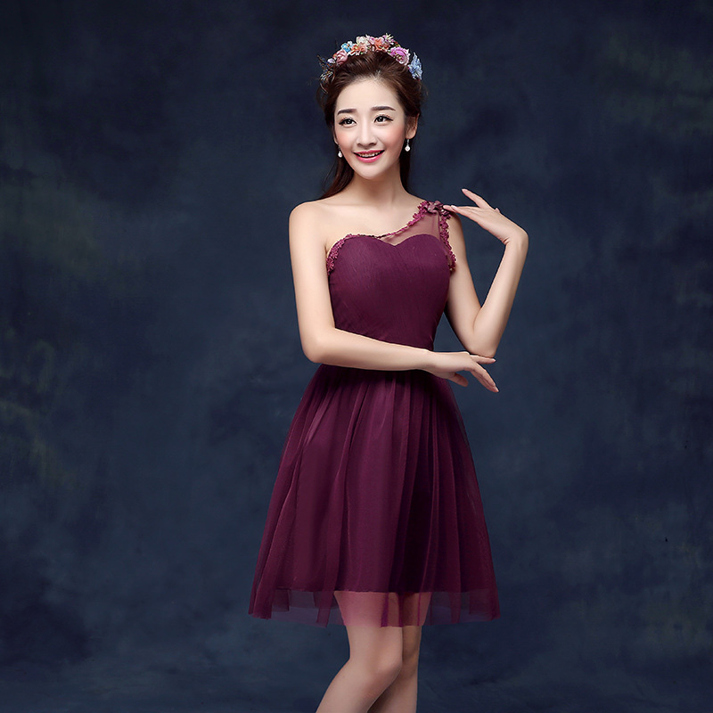 Cute One Shoulder Wine Red Color Wedding Bridesmaid Party Short Dress For Women