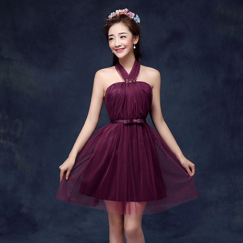 Cute Halter Wine Red Color Wedding Bridesmaid Party Short Dress For Women