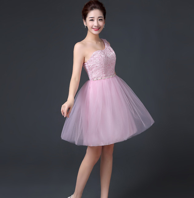 One Shoulder A-line Beaded Short Bridesmaid Dress Wedding Party Dress - Pink
