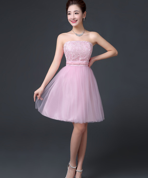 Elegant Off Shoulder A-line Beaded Short Bridesmaid Dress Wedding Party Dress - Pink