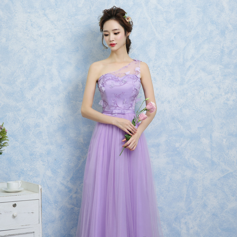 Women One Shoulder Gauze Evening Party Prom Bridesmaid Wedding Dress Graduation Gown - Purple