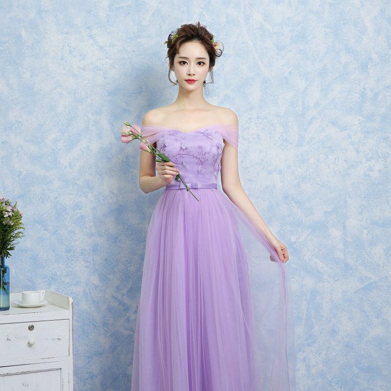 Women Short Sleeve Off Shoulder Gauze Evening Party Prom Bridesmaid Wedding Dress Graduation Gown - Purple