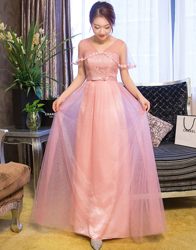 V Neck Pink Color Elegant Wedding Gown Long Bridesmaid Dresses