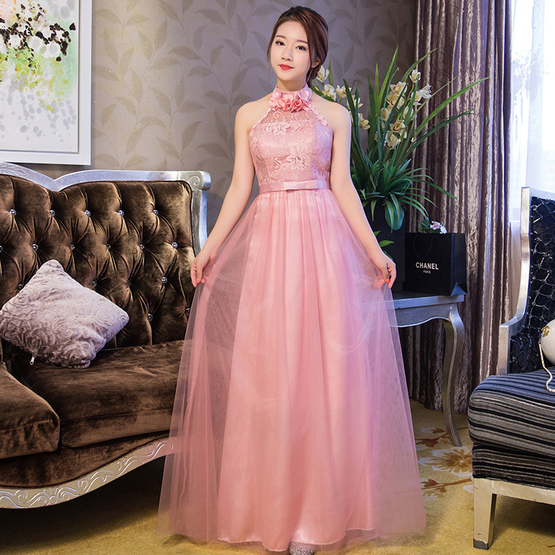 Halter Pink Color Elegant Wedding Gown Long Bridesmaid Dresses