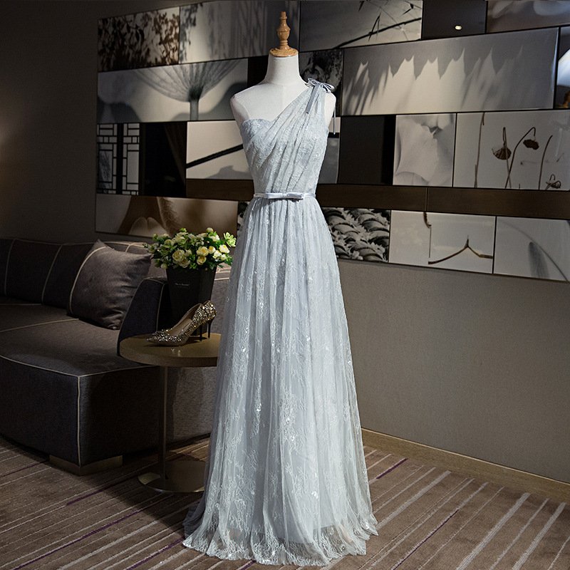 A-line One Shouler Grey Color Elegant Long Evening Party Prom Dress