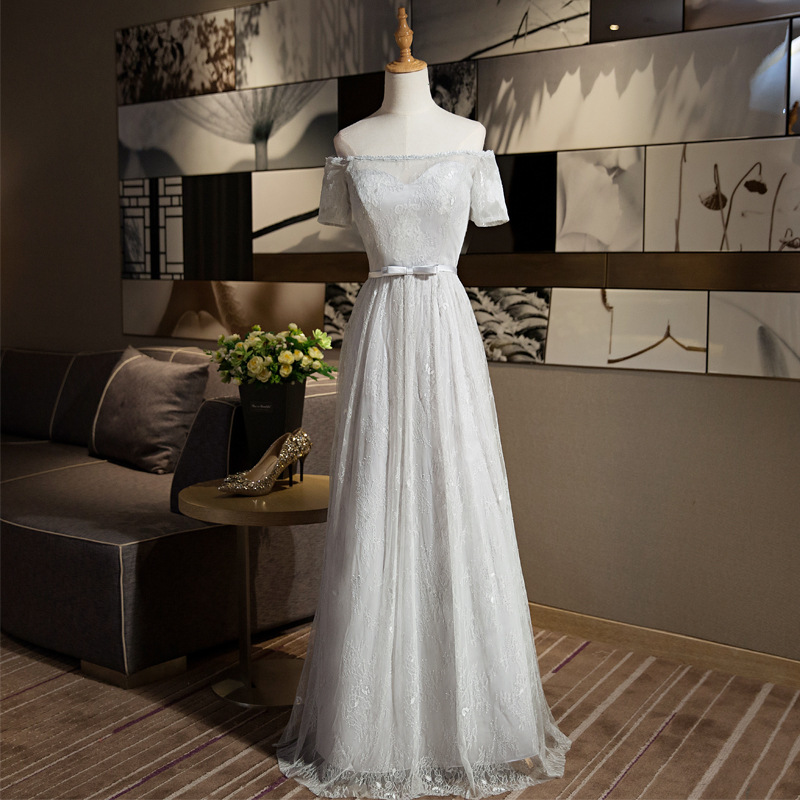 A-line Off Shouler Short Sleeve Grey Color Elegant Long Evening Party Prom Dress