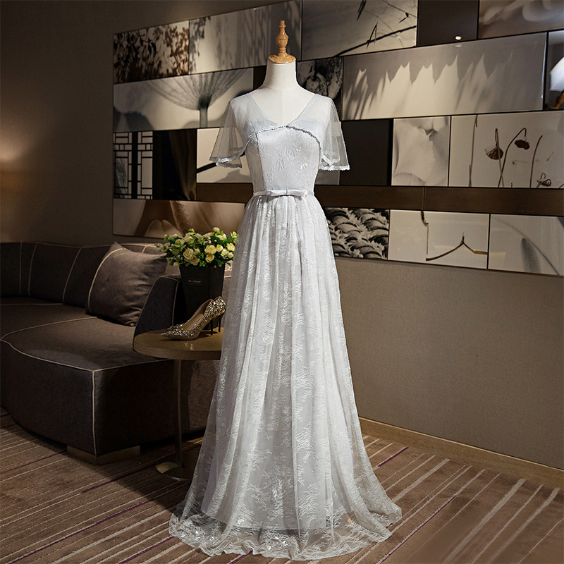 A-line V Neck Grey Color Elegant Long Evening Party Prom Dress