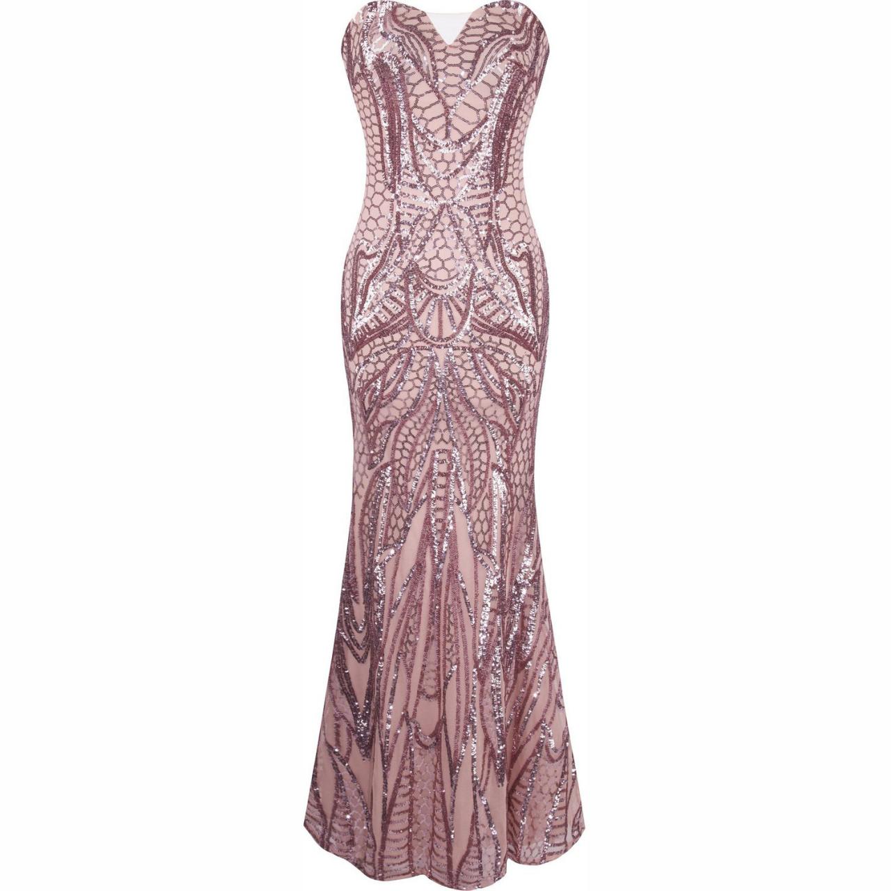 Strapless Sequined Mermaid Long Evening Dress Pink Color