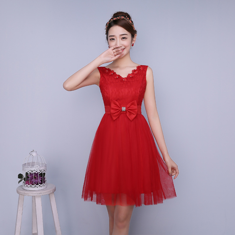 Cute Bow Mini Bridesmaid Dress Party Prom Gown - Red