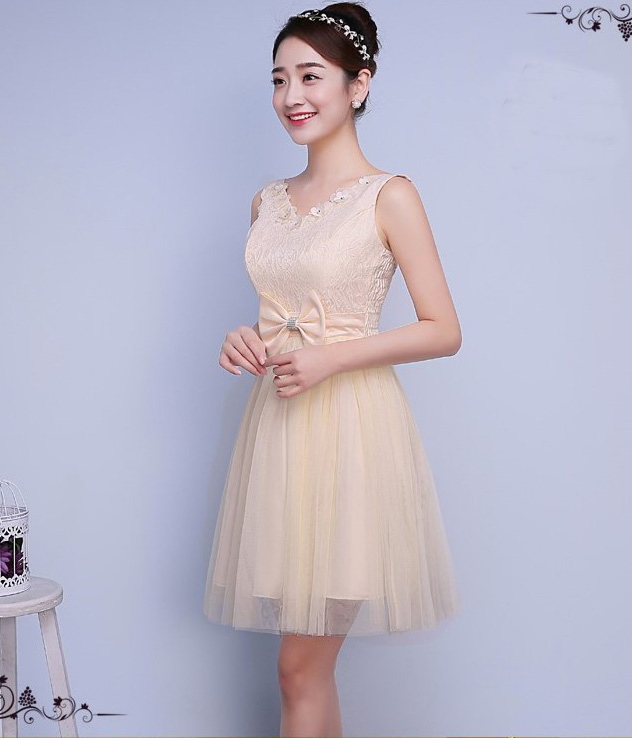 Cute Bow Mini Bridesmaid Dress Party Prom Gown - Champagne