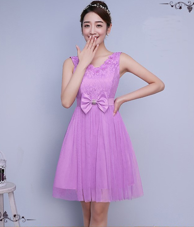 Cute Bow Mini Bridesmaid Dress Party Prom Gown - Lavender
