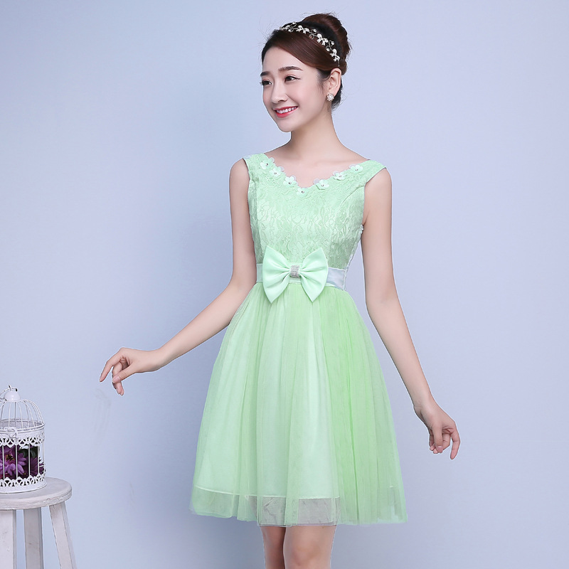 Cute Bow Mini Bridesmaid Dress Party Prom Gown - Light Green