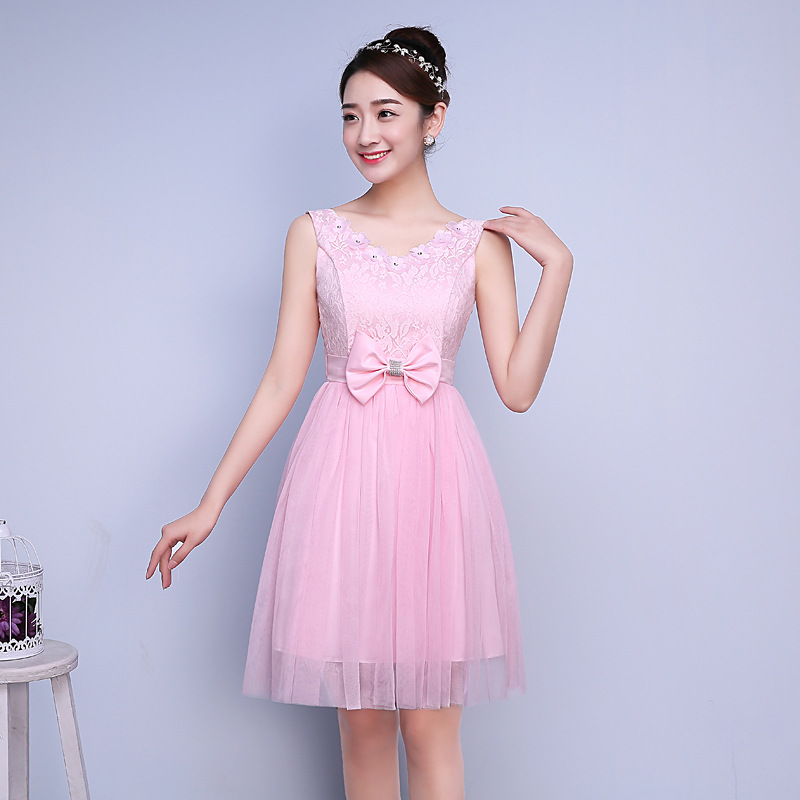 Cute Bow Mini Bridesmaid Dress Party Prom Gown - Pink