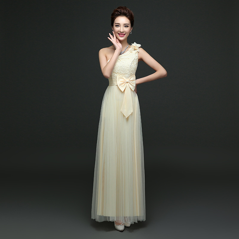 Cute One Shoulder Bow Bridesmaid Dresses Long One Szie Evening Party Maid Dresses - Champagne