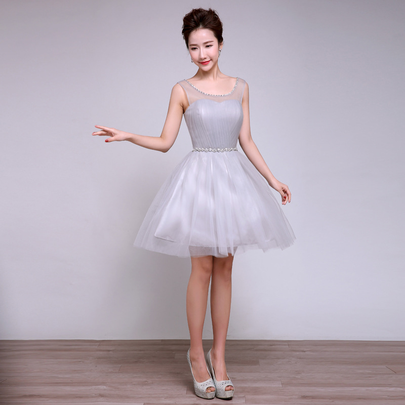 Sweetheart Grey Color Round Neck Patchwork Wedding Women Gown Bridesmaid Party Mini Dress