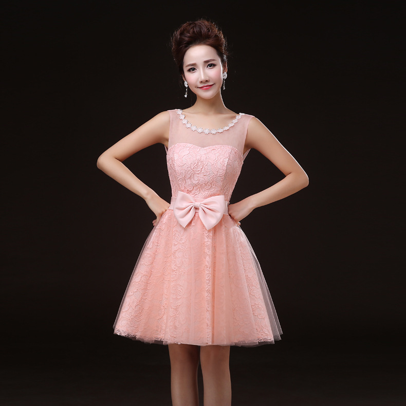 Charming Pink Round Neck Sleevless Lace Mini Girl/Young Lady/Women's ...