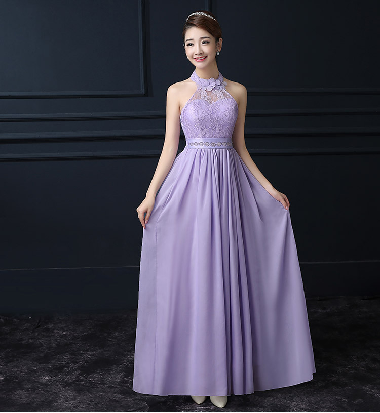 Purple Chiffon Halter Long Bridesmaid Wedding Party Dress