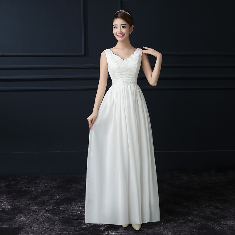 White Color Chiffon V Neck Sleeveless Long Bridesmaid Wedding Party Dress