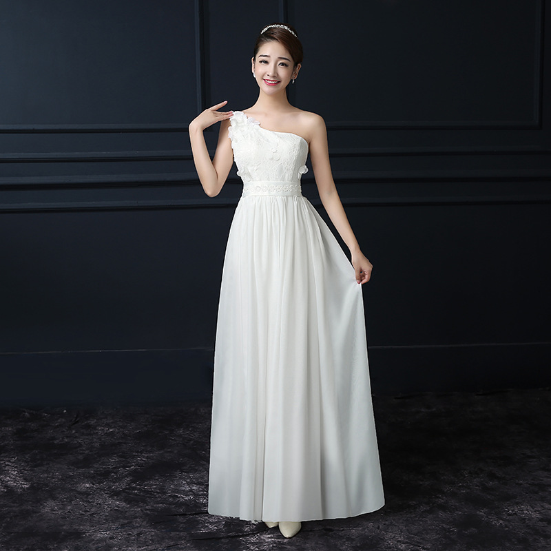 White Color Chiffon One Shoulder Sleeveless Long Bridesmaid Wedding Party Dress