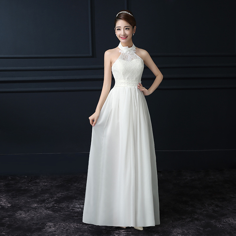 White Color Chiffon Halter Sleeveless Long Bridesmaid Wedding Party Dress