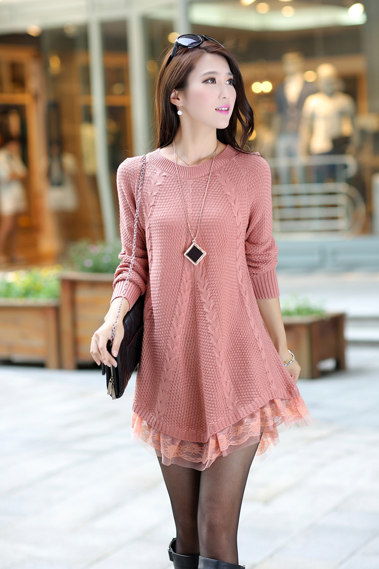 Round Neck Long Sleeve Lace Side Women Sweater