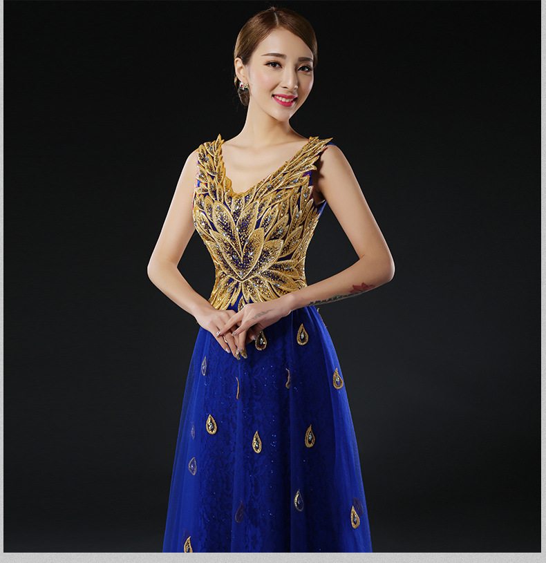 A Line Party Gowns Formal Gown Vneck Satin Beaded Peacock Pattern