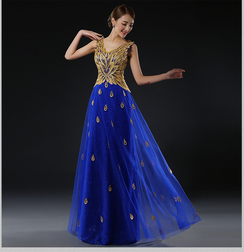 A Line Party Gowns Formal Gown V Neck Satin Beaded Peacock Pattern