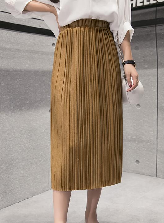Spring And Summer Thick Chiffon Pleated Long Skirt - Khaki