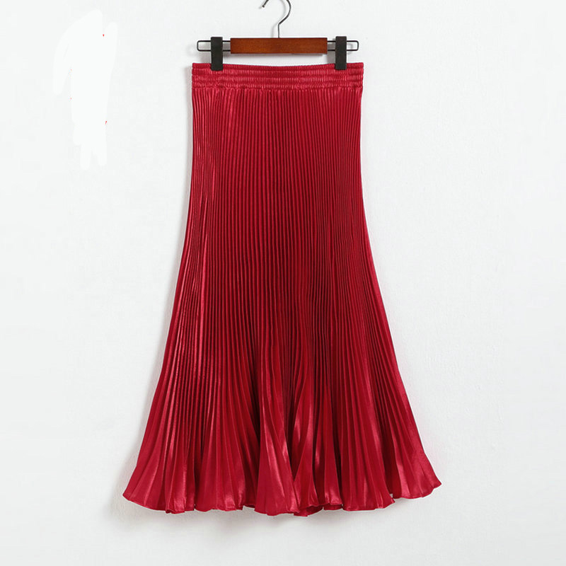 Autumn Satin Summer Casual Smooth Women Elastic Pleated Long Skirt - Red
