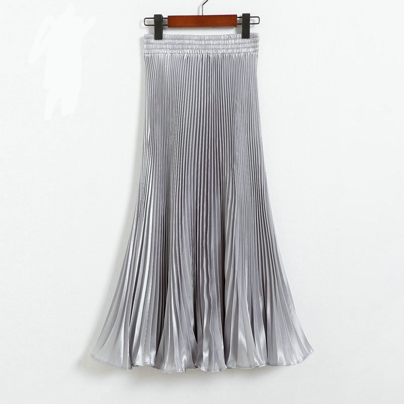 Autumn Satin Summer Casual Smooth Women Elastic Pleated Long Skirt - Grey