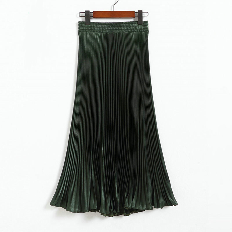 Autumn Satin Summer Casual Smooth Women Elastic Pleated Long Skirt - Dark Green