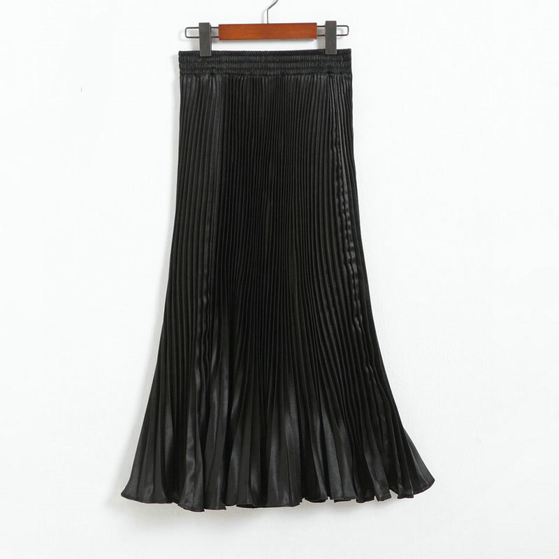 Autumn Satin Summer Casual Smooth Women Elastic Pleated Long Skirt - Black