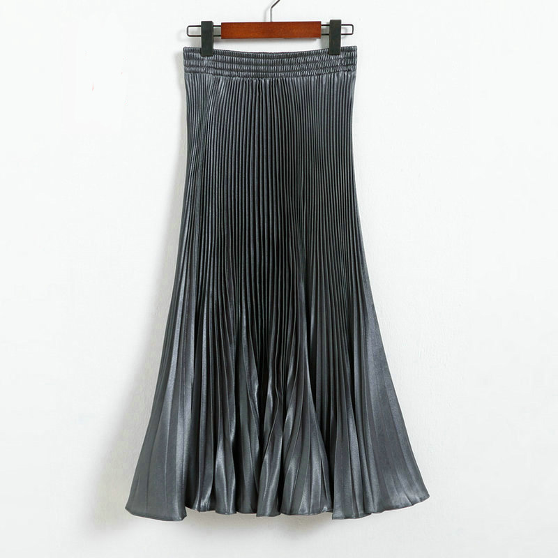 Autumn Satin Summer Casual Smooth Women Elastic Pleated Long Skirt - Dark Grey
