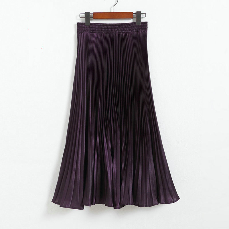 Autumn Satin Summer Casual Smooth Women Elastic Pleated Long Skirt - Purple