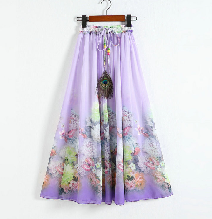 Purple Printing Pattern Chiffon Long Skirt For Women