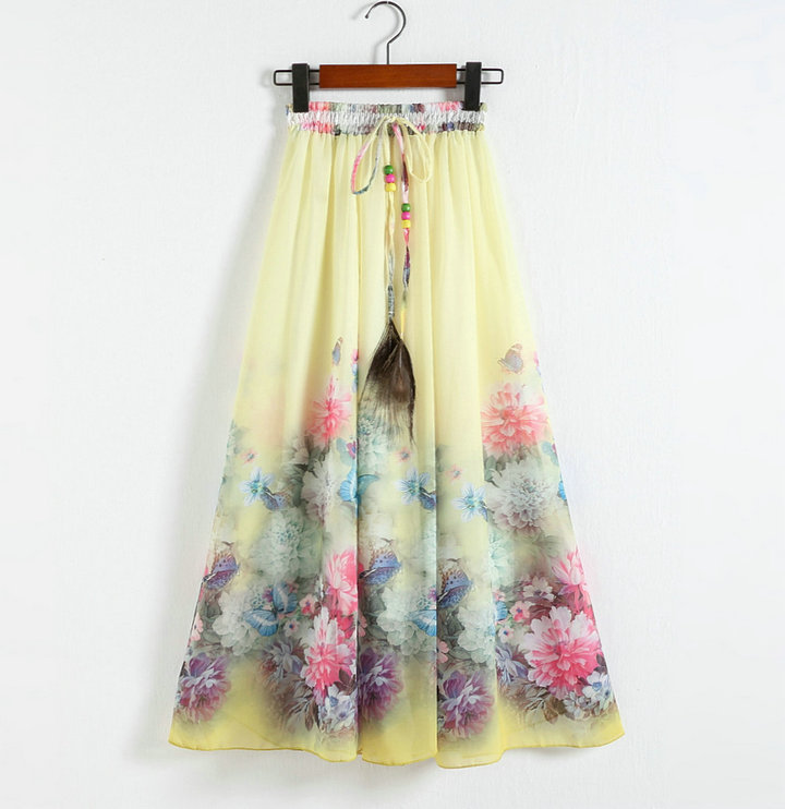 Yellow Printing Pattern Chiffon Long Skirt For Women