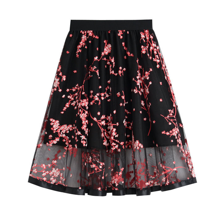 Black Elasticised Floral Embroidered Mesh Skater Skirt