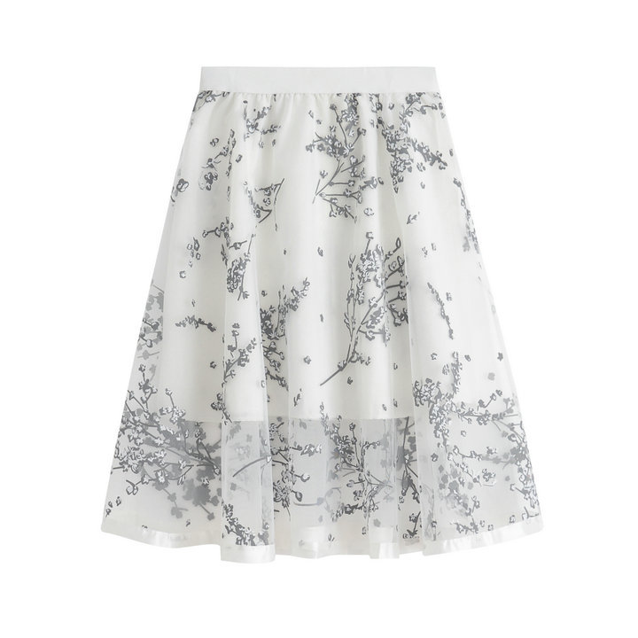 White Floral Print Mesh Pleated Skirt